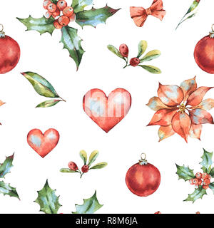 Winter Weihnachten Aquarell nahtlose Muster, Neue Jahr Dekoration, rote Herzen, Holly, Beeren, Weihnachtsstern, christmas ball, vintage Illustration, Holida Stockfoto