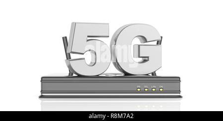 5G High-Speed Netzwerkverbindung. 5. Generation neue mobile Wireless Internet auf Wlan Router vor weißem Hintergrund. 3D-Darstellung Stockfoto