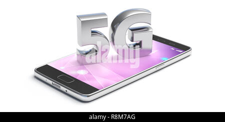 5G High-Speed Netzwerkverbindung. 5. Generation neue mobile Wireless Internet Wifi auf einem Smartphone vor weißem Hintergrund. 3D-Darstellung Stockfoto