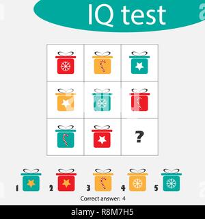 Richtige Antwort aus, IQ Test mit Weihnachten Geschenkboxen für Kinder, Weihnachten Spaß Bildung Spiel für Kinder, Vorschule Arbeitsblatt Aktivität, Aufgabe für die Entwicklung des logischen Denkens, Vector Illustration Stock Vektor