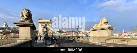 Ungarn, Budapest, ein UNESCO Weltkulturerbe, die Donau, die Kettenbrücke (Szechenyi Lanchid), gebaut im Jahre 1848 von dem britischen Ingenieur William Thierney Clark, als gleich nach seiner Zerstörung im Jahr 1949 und im Hintergrund die Burg oder die Budaer Hügel mit königlichen Palast Matthias Kirche und Fisherman's Bastion umgebaut Stockfoto