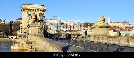 Ungarn, Budapest, ein UNESCO Weltkulturerbe, die Donau, die Kettenbrücke (Szechenyi Lanchid), gebaut im Jahre 1848 von dem britischen Ingenieur William Thierney Clark, als umgebaut gleich nach seiner Zerstörung im Jahre 1949, die Matthiaskirche und die Fischerbastei auf Buda Hil oder die Burg Hügel Stockfoto