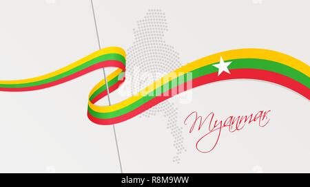 Vector Illustration der abstrakten radial gepunktete Rasterung Karte von Myanmar und gewellten Band mit National Flagge Farben für Ihre Grafik- und Webdesign Stock Vektor