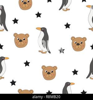 Süße Bär und Pinguin nahtlose Muster. Vektor. Stock Vektor