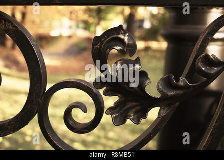 Der Park ist sichtbar durch ein Eisen geschmiedet Zaun. Geschmiedeter zaun Nahaufnahme. Es sind Kratzer und Abnutzung auf dem Metall. Russland, Moskau Stockfoto