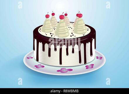 Kuchen mit Sahne, Cocktail-kirsche und Schokolade Topping auf dem Teller mit Blumenmuster Stock Vektor