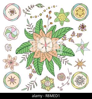 Satz von Hand gezeichnet Vektor Blumen und Zweige mit Blättern, Blüten und Beeren. Doodle Stil. Auf weissem Hintergrund. Dekorative Elemente für Ihre Stock Vektor