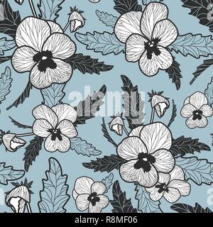 Schwarze und weiße Stiefmütterchen Muster auf hellblauem Hintergrund. Blume Vektor nahtlose Muster Stock Vektor