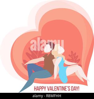 Valentines Tag Karte mit ein paar sitzen und halten sich an den Händen in der Liebe Herzen auf rotem Hintergrund. Vektorgrafiken Illustrationen. Flat Style. Stock Vektor