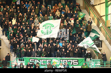 Ostern Road, Edinburgh, Großbritannien. 16 Dez, 2018. Ladbrokes Premiership Fußball, Hibernian gegen Celtic; Hibernian Fans während sie hinter ihrem Team das Match Credit: Aktion plus Sport/Alamy leben Nachrichten Stockfoto