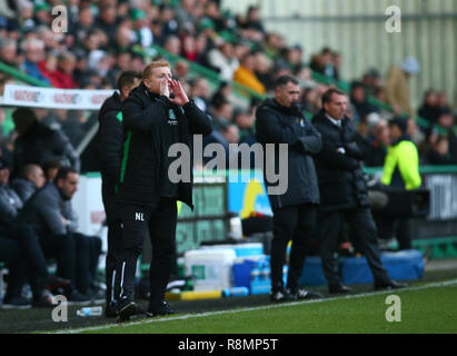 Ostern Road, Edinburgh, Großbritannien. 16 Dez, 2018. Ladbrokes Premiership Fußball, Hibernian gegen Celtic; Hibernian Manager Neil Lennon fordert seine Seite auf Kredit: Aktion plus Sport/Alamy leben Nachrichten Stockfoto