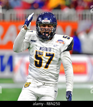 Januar 01, 2018. North Carolina A&T Markeiss Blau 57 in Aktion während der Air Force Feier Schüsselspiel 2018 zwischen der North Carolina A&T Aggies und die Alcorn Zustand Braves bei der Mercedes Benz Dome in Atlanta, Georgia. Bill McGuire/CSM Stockfoto