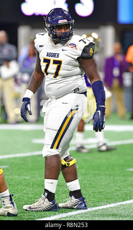 Januar 01, 2018. North Carolina A&T Breontae Matthews 77 in Aktion während der Air Force Feier Schüsselspiel 2018 zwischen der North Carolina A&T Aggies und die Alcorn Zustand Braves bei der Mercedes Benz Dome in Atlanta, Georgia. Bill McGuire/CSM Stockfoto