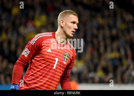 Solna, Schweden - 20 November, 2018. Schweden Nationalmannschaft Torwart Robin Olsen während UEFA Nationen Liga Match Schweden vs Russland in Solna. Stockfoto