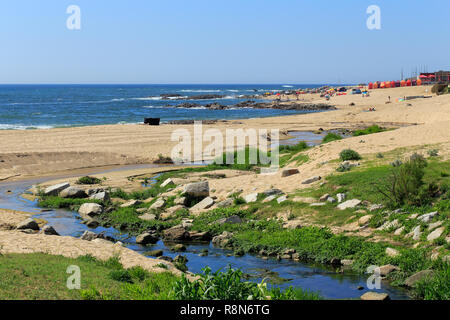 Meer Strand mit einem Bach Mund im Sommer. Im Norden von Portugal. Stockfoto