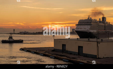 Niew Amsterdam Holland Amerika Kreuzfahrt Schiff nähert sich Port Everglades in Fort Lauderdale Florida unterstützt von TUGBOAT von seabulk Abschleppen Stockfoto