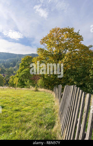 Alte kaputte Holzzaun. Ländliche Berglandschaft. Die schlesischen Beskiden, Polen. Stockfoto