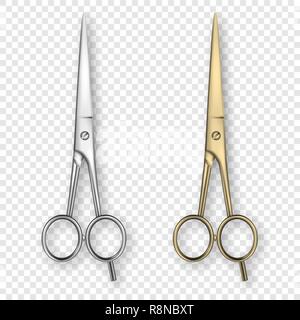 Vector 3d Realistische Silber und Gold Metall geschlossen Schreibwaren Scissor Icon Set Closeup isoliert auf Transparenz Grid Hintergrund. Design Vorlage der klassischen Schere für Grafiken, Mockup. Ansicht von oben Stock Vektor