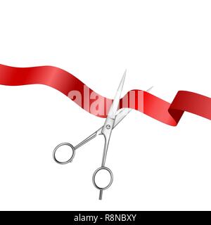 Grand Opening Hintergrund mit realistischen Metall Silber Schere und Red Ribbon Closeup isoliert auf weißem Hintergrund. Design Vorlage der klassischen Schere schneiden Red Ribbon Banner für Eröffnungsfeier Stock Vektor