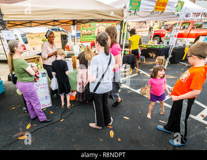 Lynn Porter, Miteigentümer von Mo'Mint & Thymian, spricht über das Unternehmen alle natürlichen Getränke, die als Menge Raffungen an den Farmers Market in Tucker, Georgia. Stockfoto