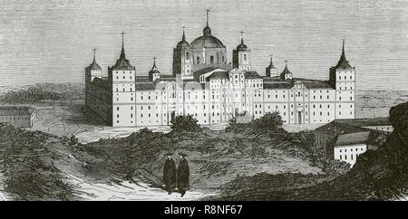 España. El Real Monasterio de San Lorenzo de El Escorial. Palacio Real Basílica, panteón, Biblioteca y Monasterio. Construido entre 1563 y 1584 en Estilo renacentista. Dibujo por Miranda. Grabado por Vierge. Crónica de España, Historia y Ilustrada Descriptiva de Sus Provincias. Castilla-La Nueva, 1869. Biblioteca Histórico Militar de Barcelona, Cataluña, Spanien. Stockfoto