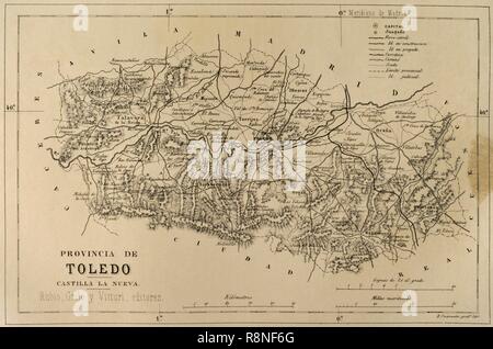 Mapa de la Provincia de Toledo. Crónica de España, Historia y Ilustrada Descriptiva de Sus Provincias. Castilla-La Nueva, 1869. Biblioteca Histórico Militar de Barcelona, Cataluña, Spanien. Stockfoto