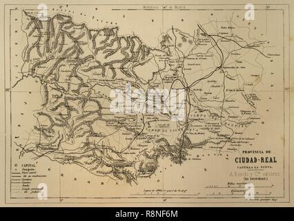 Mapa de la Provincia de Ciudad Real. Crónica de España, Historia y Ilustrada Descriptiva de Sus Provincias. Castilla-La Nueva, 1869. Biblioteca Histórico Militar de Barcelona, Cataluña, Spanien. Stockfoto