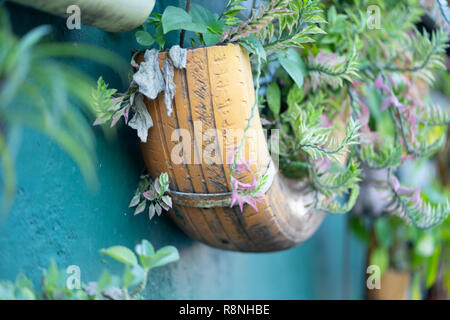 Eine gebrauchte Reifen in der Hälfte der Wand Topf hängen für Pflanzen zu machen. Stockfoto