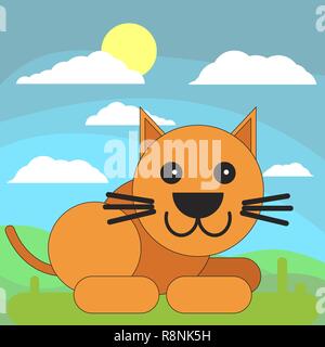 Katze im Cartoon Flat Style auf dem Hintergrund der Wiesen, Sonne und Wolken. Vector Illustration auf weißem Hintergrund. Stock Vektor