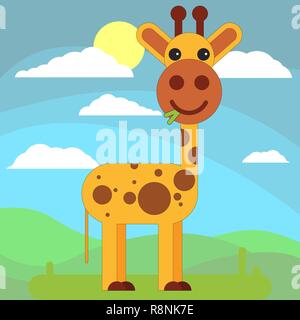 Giraffe im Cartoon Flat Style auf dem Hintergrund der Wiesen, Sonne und Wolken. Vector Illustration auf weißem Hintergrund. Stock Vektor