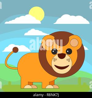 Löwen im Cartoon Flat Style auf dem Hintergrund der Wiesen, Sonne und Wolken. Vector Illustration auf weißem Hintergrund. Stock Vektor
