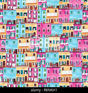 Nahtlose Muster mit hellen Handgemalten Aquarell niedliche Häuser Stockfoto