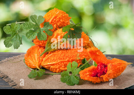 Haufen von bitter Melone oder momordica auf Holztisch mit verschwommenen Hintergrund Stockfoto