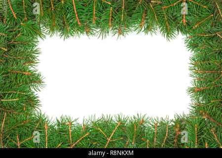 Weihnachten Rahmen aus Tannenzweigen auf weißem Hintergrund Stockfoto