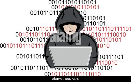 Ein Mann versteckt sich unter einer Haube Hacks in einen Computer Stock Vektor