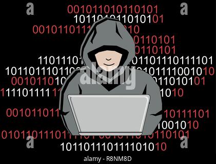 Ein Mann versteckt sich unter einer Haube Hacks in einen Computer Stock Vektor