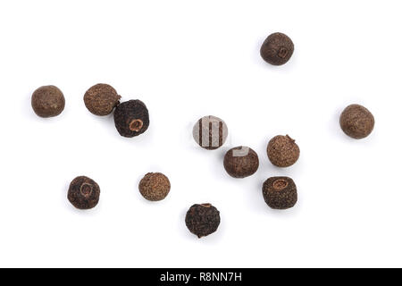 Allspices oder Jamaika Pfeffer auf weißem Hintergrund. Ansicht von oben Stockfoto