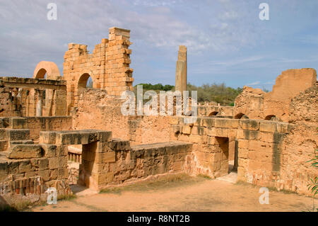 Libyen. Leptis Magna archäologische Stätte. Ruinen der römischen Stadt zum Weltkulturerbe der UNESCO gehört. Stockfoto