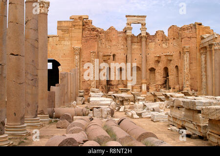 Libyen. Leptis Magna archäologische Stätte. Ruinen der römischen Stadt zum Weltkulturerbe der UNESCO gehört. Stockfoto