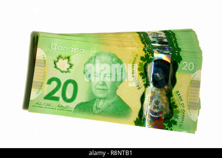 Ein Stapel der kanadische 20 Dollar Bills isoliert auf Weiss. Stockfoto