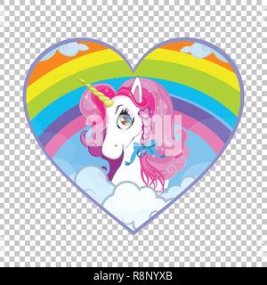 Cartoon White Pony Einhorn Kopf mit rosa Mähne Portrait innerhalb der hellen Rainbow mit Wolken Herz Hintergrund. Vector Illustration, liebe Symbol, Aufkleber Stock Vektor