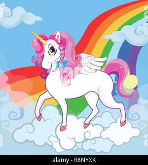 Multicolor Vektor cartoon baby Abbildung: weiße Pony Einhorn Prinzessin Charakter mit großen Augen, das Goldene Horn, Feder Flügel und rosa Mähne stehend Stock Vektor
