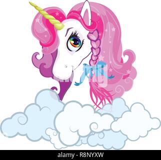 Cartoon White Pony Einhorn Kopf mit rosa Haaren portrait in geschweiften Wolken auf weißem Hintergrund. Vector Illustration, Symbol, Aufkleber, clip art für Stock Vektor