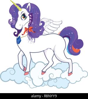 White Pony Einhorn mit großen Augen, das Goldene Horn, Feder Flügel und violetten Haare, Hufe auf der Wolke auf weißem Hintergrund. Niedliche Zeichentrickfigur Stock Vektor