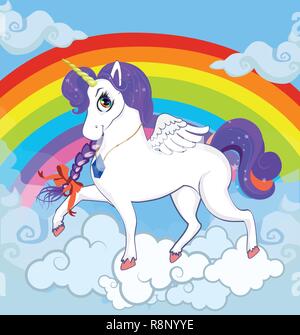 Multicolor Vektor cartoon baby Abbildung: weiße Pony Einhorn Prinzessin Charakter mit großen Augen, das Goldene Horn, Feder Flügel und violett Mähne standin Stock Vektor