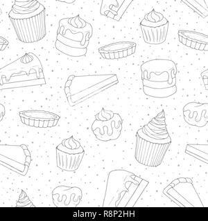 Hand gezeichnet Vektor Gebäck nahtlose Muster mit Kuchen, Torten, Muffins, Eclairs mit Topping abgedeckt. Süße Backwaren Konturen in skizzenhaften Stil Stock Vektor
