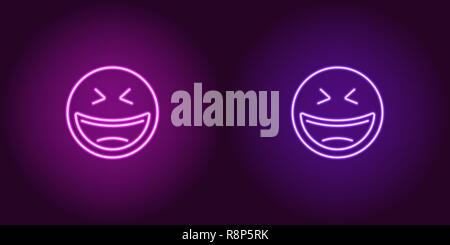 Neon Abbildung: Lachen emoji. Vektor Icon von Cartoon lachen Emoji mit verengten Augen im Umriss neon Style, Lila und violetten Farben. Glühende Stock Vektor