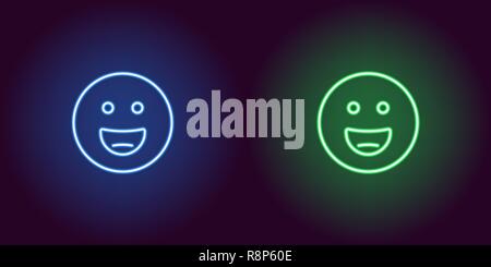 Neon Abbildung: grinsend emoji. Vektor Icon von Cartoon lachen Emoji mit runden Augen im Umriss neon Style, blauen und grünen Farben. Glühende emoti Stock Vektor