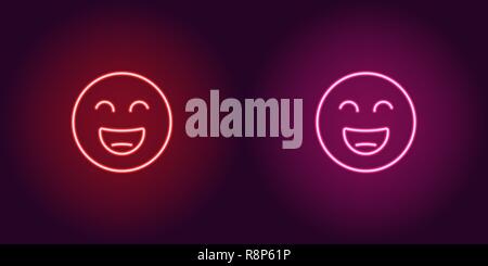 Neon Abbildung: grinsend emoji. Vektor Icon von Cartoon lachen Emoji mit verengten Augen im Umriss neon Style, rot und rosa Farben. Glühende emot Stock Vektor