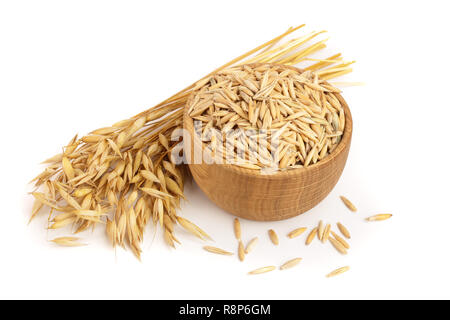 Oat Spike mit Körnern in Houten auf weißem Hintergrund Stockfoto